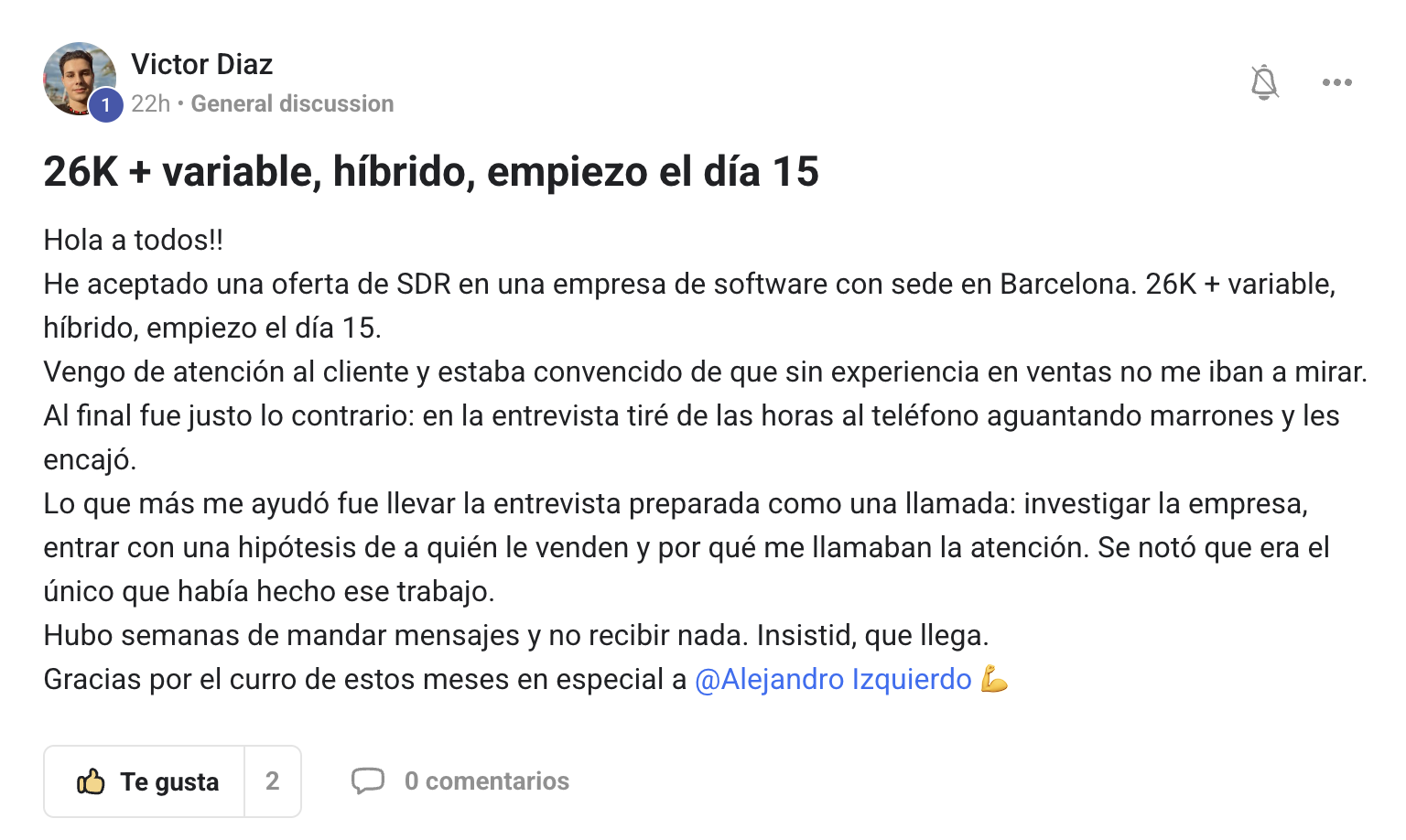 Testimonio de Victor Diaz — SDR en Barcelona, 26K + variable, híbrido